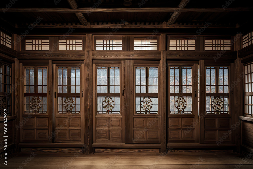 Engawa house, Japanese style. Empty room with wooden floors and traditional windows. AI generative.