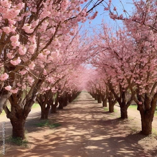 Blooming Beauty Almond Trees on the Fruit Farm. AI