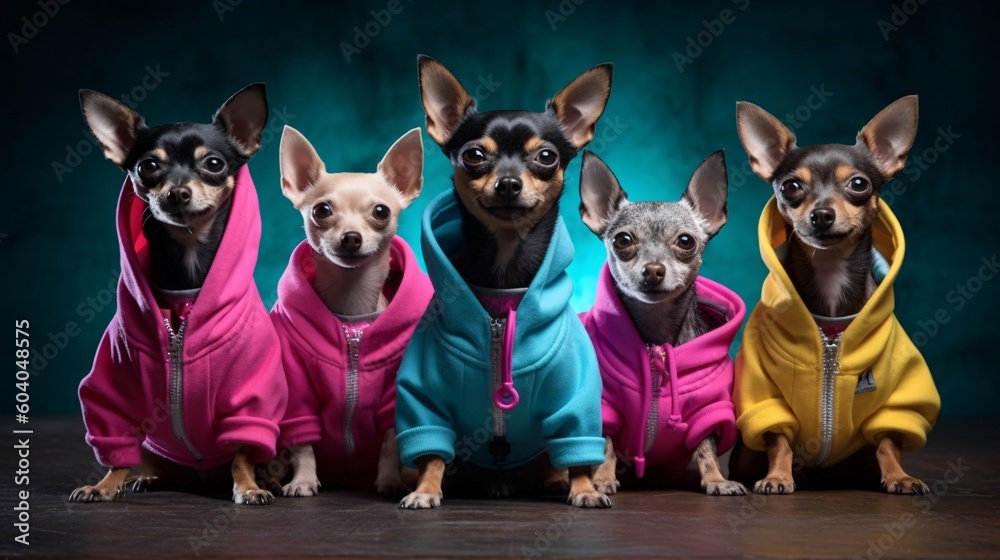 Generative AI.  Illustration with dogs in stylish sweatshirts
