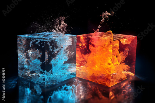 ice and fire cubes on a black background