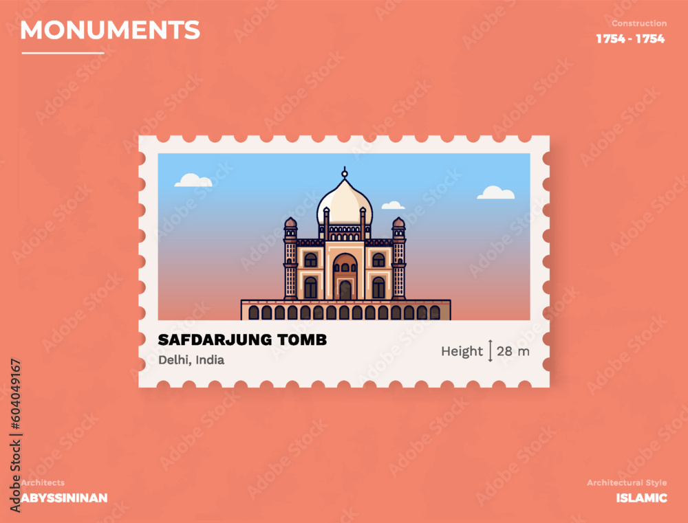 Safdarjung Tomb Monument Postage stamp ticket design with information-vector illustration design