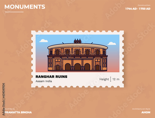 Ranghar Ruins Monument Postage stamp ticket design with information-vector illustration design photo