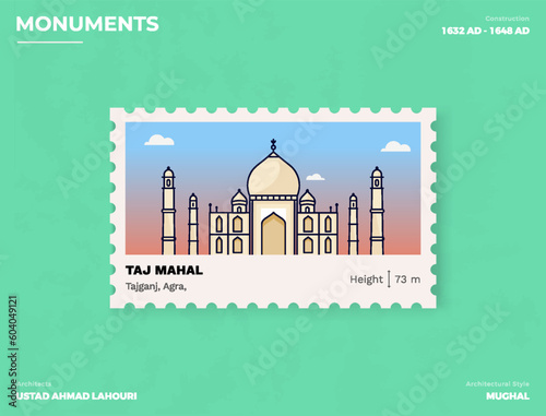 Taj Mahal Monument Postage stamp ticket design with information-vector illustration design