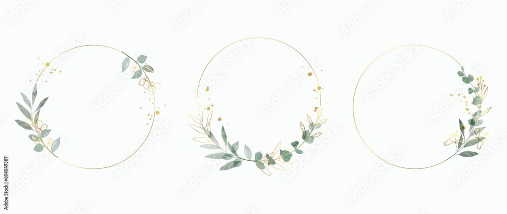 Luxury botanical gold wedding frame elements on white background. Set of polygon, circle, glitters, leaf branches. Elegant foliage design for wedding, card, invitation, greeting. Luxury botanical gold wedding frame elements on white background. Set of polygon, circle, glitters, leaf branches. Elegant foliage design for wedding, card, invitation, greeting.