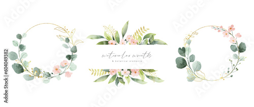 Luxury botanical gold wedding frame elements on white background. Set of polygon, circle, glitters, eucalyptus leaves, leaf branches. Elegant foliage design for wedding, card, invitation, greeting.