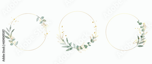 Luxury botanical gold wedding frame elements on white background. Set of polygon, circle, glitters, leaf branches. Elegant foliage design for wedding, card, invitation, greeting.