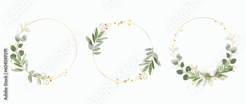 Luxury botanical gold wedding frame elements on white background. Set of polygon, circle, glitters, eucalyptus leaves, leaf branches. Elegant foliage design for wedding, card, invitation, greeting.