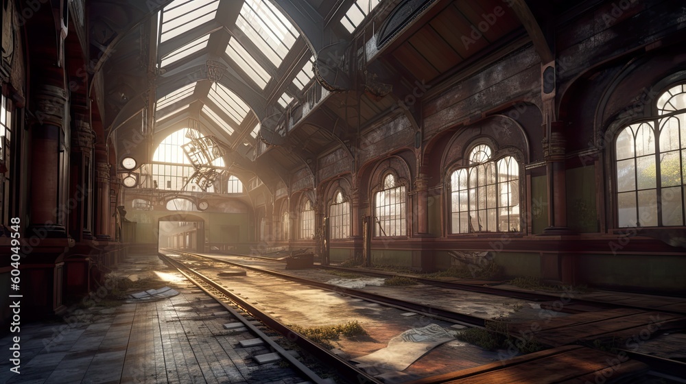 Abandoned train station illuminated with daylight. Generative AI industrial interior.