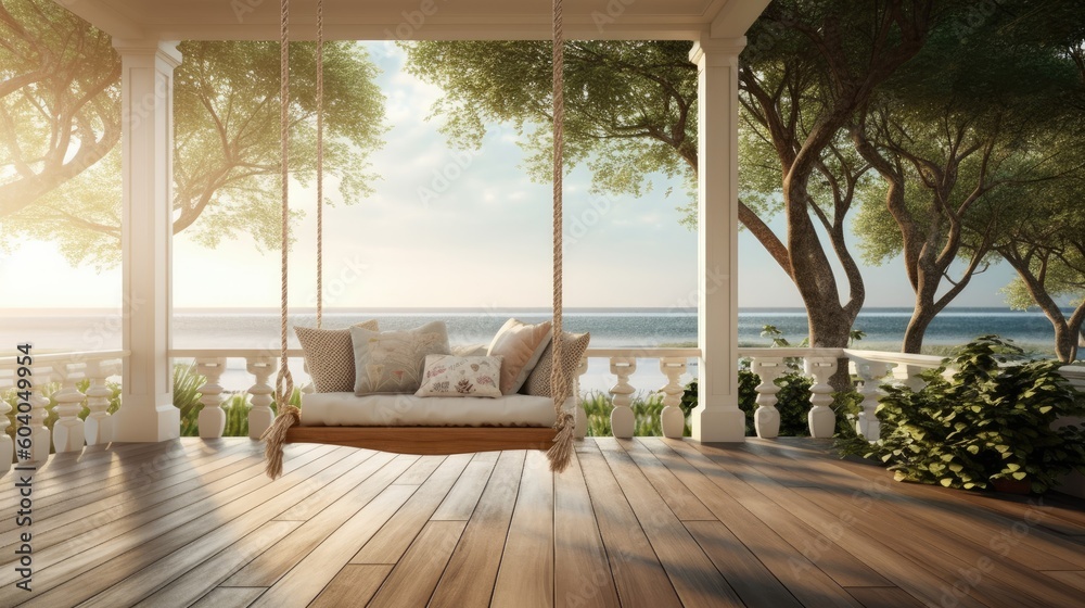 luxury house veranda with hanging swing. Generative AI - obrazy, fototapety, plakaty 