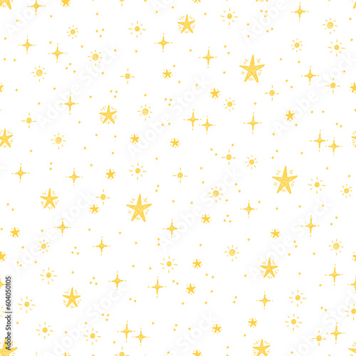 Hand Drawn Doodle Yellow Stars on White Background. Star Festive Seamless Pattern. Starry Sky Background. Festive Wallpaper. Great for Holiday and Birthday Party Design.