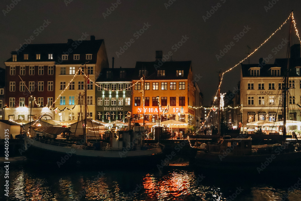 Copenhagen, Denmark - 24.12.2022 : Nyhavn district in Copenhagen, on Christmas eve