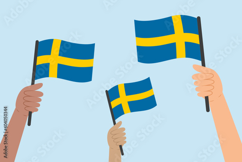 Diverse hands holding flags of Sweden. Vector illustration of Swedish flags in flat style on blue background.