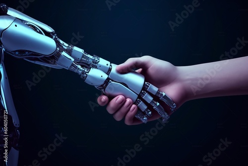 A human hand and an android hand join forces. Ai generated.