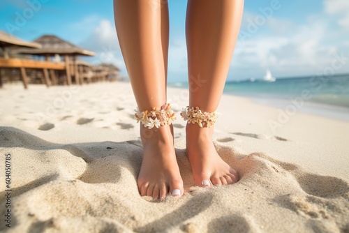 Barefoot woman's feet on the beach, on the sand. Ai generated.
