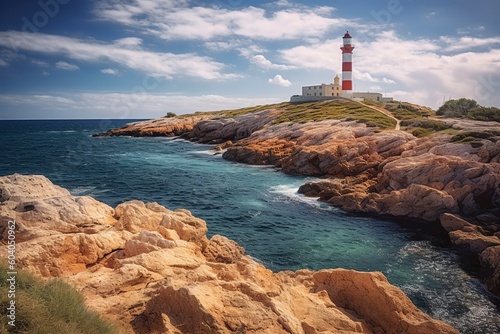 The island of Menorca, in Spain, has very beautiful lighthouses on cliffs. Ai generated.