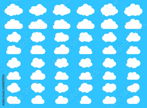 Big set of fluffy clouds and with flat bottom cloud icons in flat style isolated on blue background. Cloud vector collection.