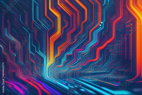 A colorful background with a blue and orange lines and the words  cyberpunk  on the bottom. Generative AI.