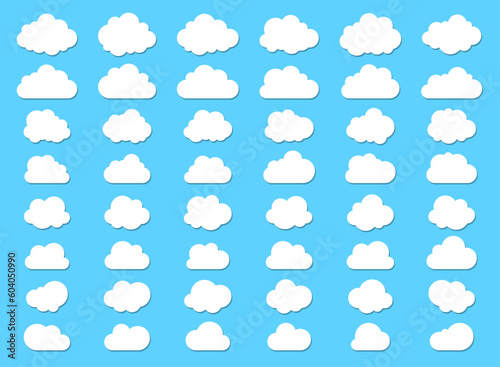 Big set of clouds with shadow. Fluffy clouds with flat bottom collections in flat style isolated on blue background.