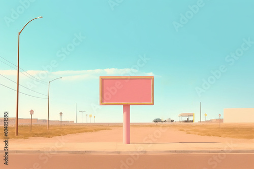 Generative AI illustration of empty advertising signboard with street light pole against cloudless blue sky in sandy countryside on sunny day photo
