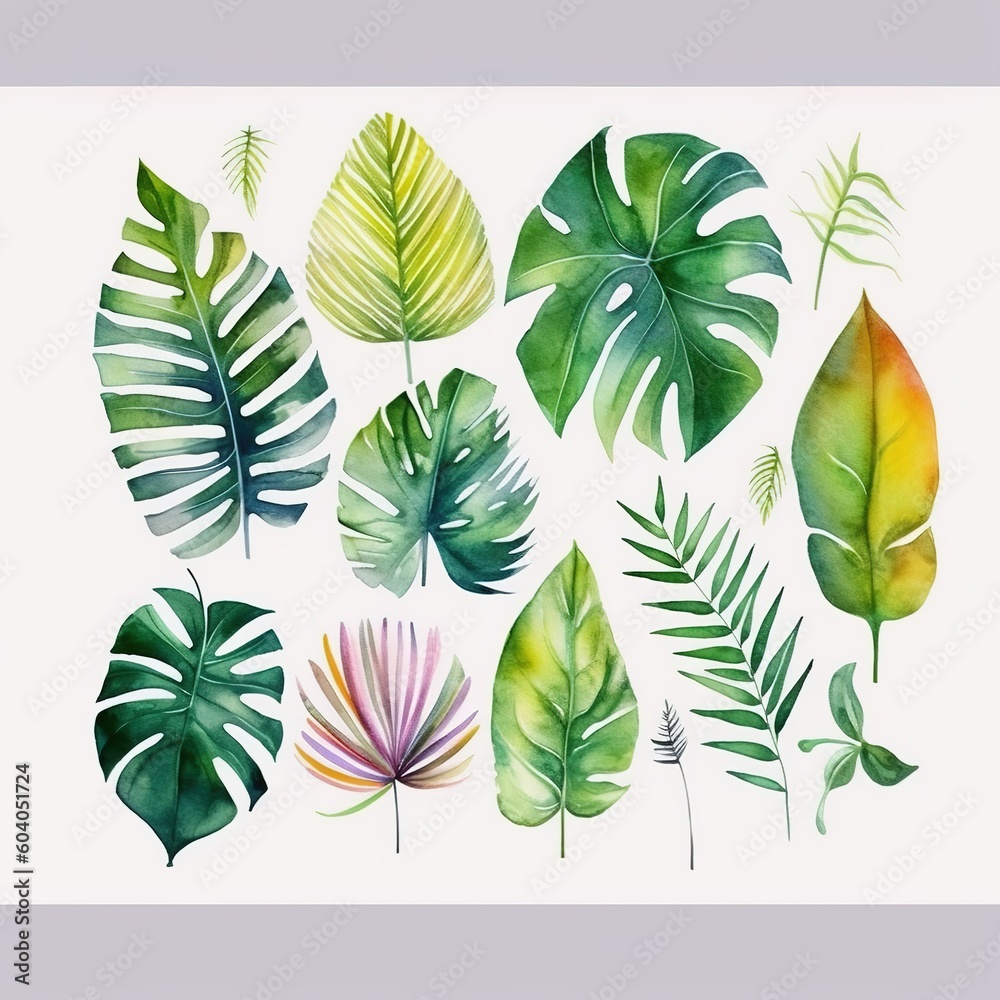 tropical leaves on a white background collection for postcard cover fabric book decor collection. generative ai tropical leaves on a white background collection for postcard cover fabric book decor collection. generative ai