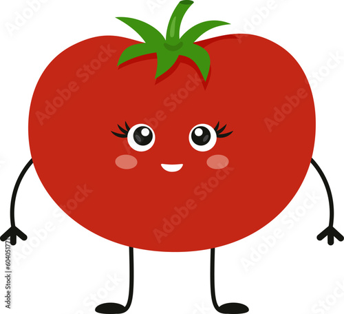 Smiling and сute tomato character. Farm or fresh organic vegetables theme. Vector illustration isolated on white background.