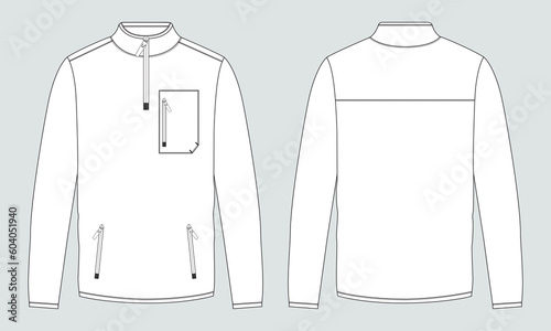 Long sleeve jacket with pocket and zipper technical fashion flat sketch vector illustration template front and back views. Fleece jersey sweatshirt jacket for men's and boys.
