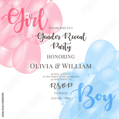 Invitation for gender reveal party with pink and blue balloons. Vector flat illustration for card, , design, flyer, poster, decor, banner, web, advertising.