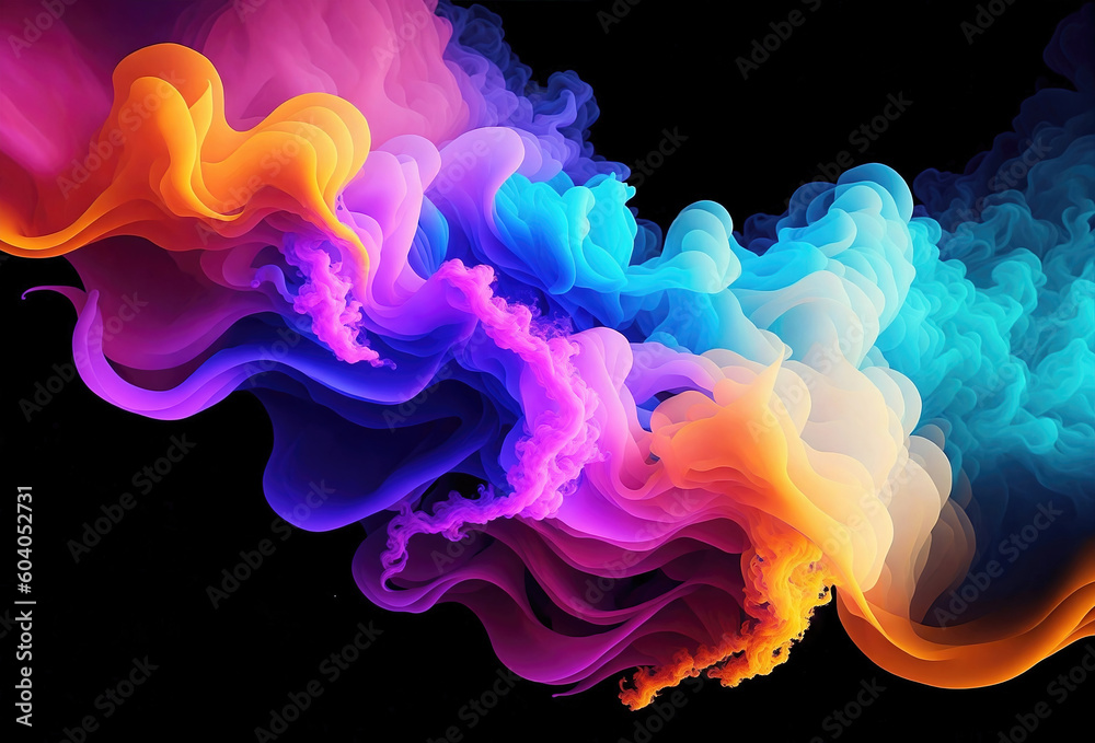 An abstract background colorful powder splash on black, Explosion of colored smoke isolated on black. Generative AI