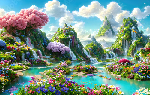 Paradise garden full of flowers, beautiful idyllic background with many flowers in Eden. Generative Ai. photo