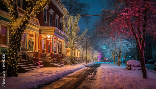 Illuminated city street, winter snow, yellow window glow generated by AI © Stockgiu
