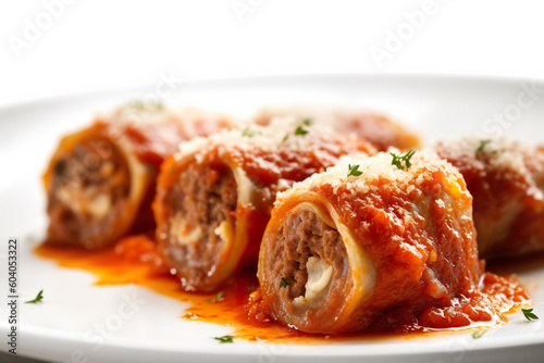Braciole, tasty meat rolls stuffed with cheese and breadcrumbs in tomato sauce. Generative AI. photo