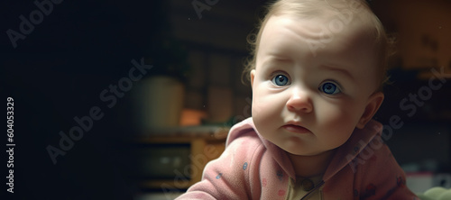 portrait of baby with blue eyes, panoramic layout. Generative Ai