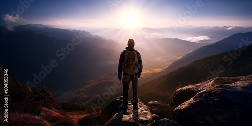 man on top of mountain, panoramic image. Generative Ai