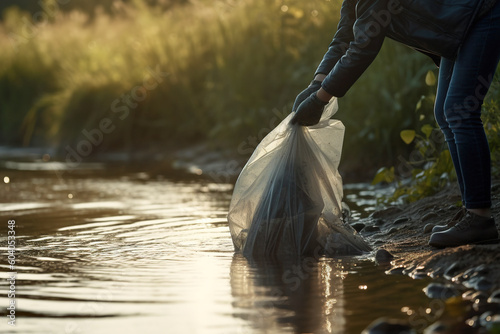 man picking garbage plastic in the river. Generative Ai
