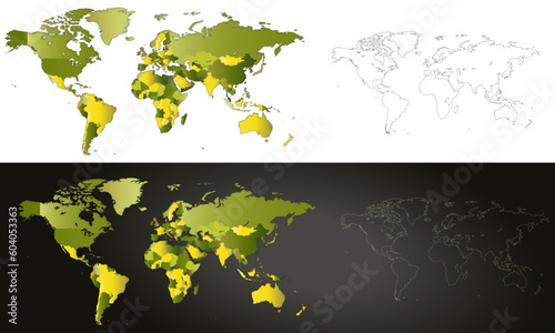 Carte du monde nuances de  Vert pays et continents