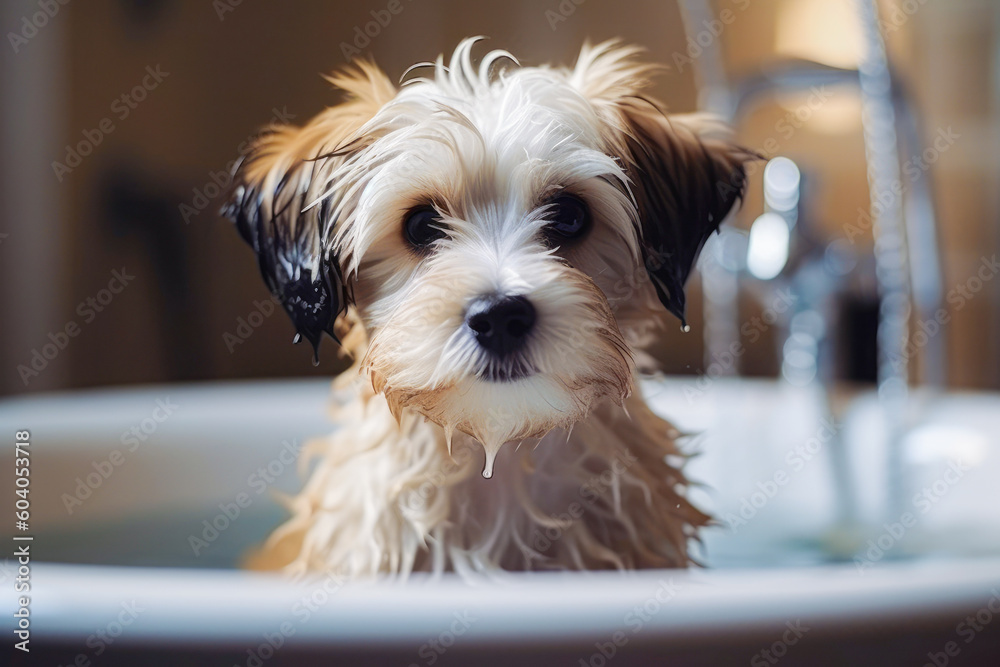 Funny puppy sitting in bathtub waiting for grooming. Banner for pet shop, grooming salon. Generative AI Funny puppy sitting in bathtub waiting for grooming. Banner for pet shop, grooming salon. Generative AI