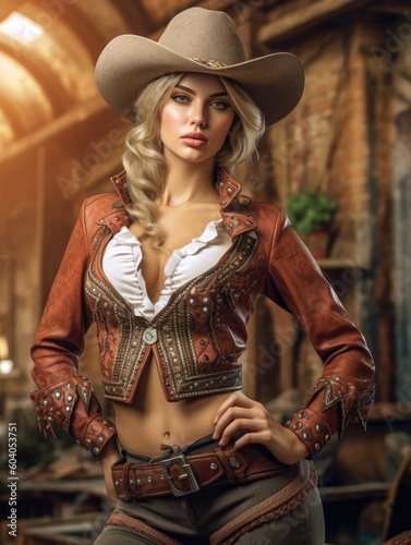 Hot sexy cowgirl in cowboy hat and leather pants wild west generative ai