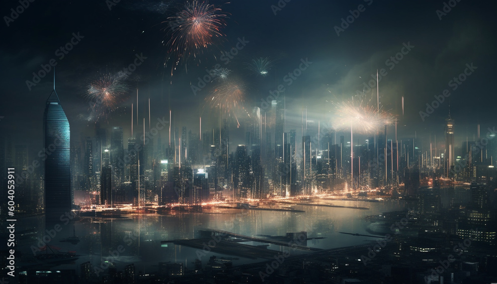 Illuminated city skyline ignites with firework display generated by AI