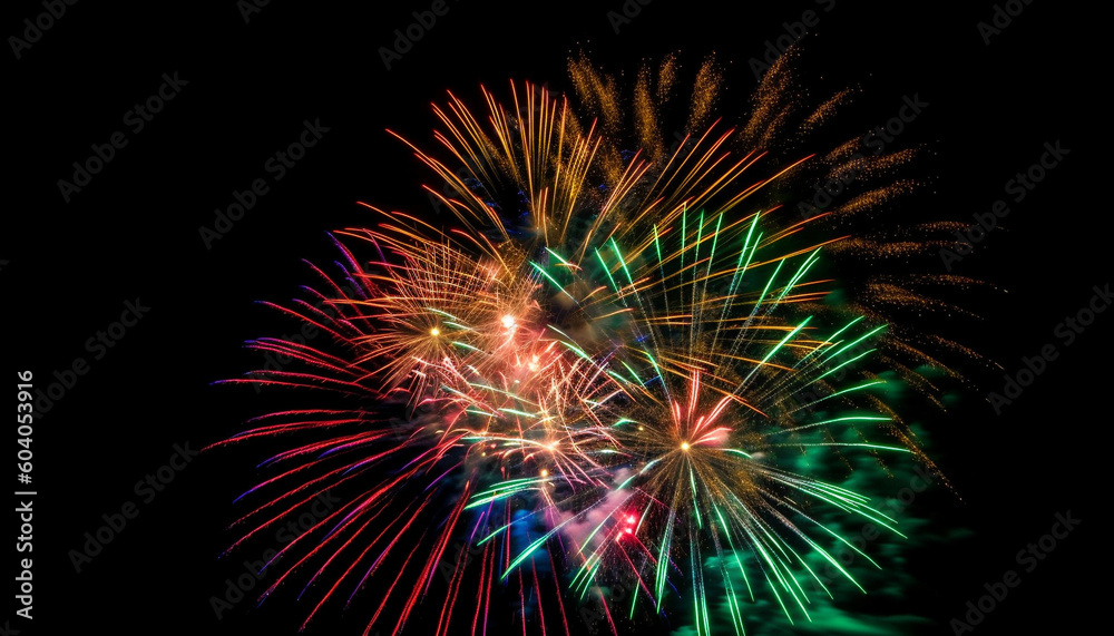 Vibrant colors illuminate exploding firework celebration at night generated by AI