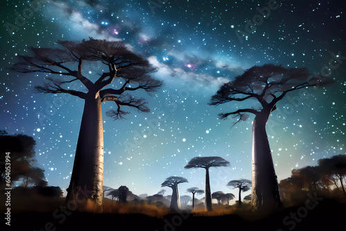 Africa wilderness at night with silhouettes of wildlife, big baobab tree in background, night sky with stars and galaxies 
