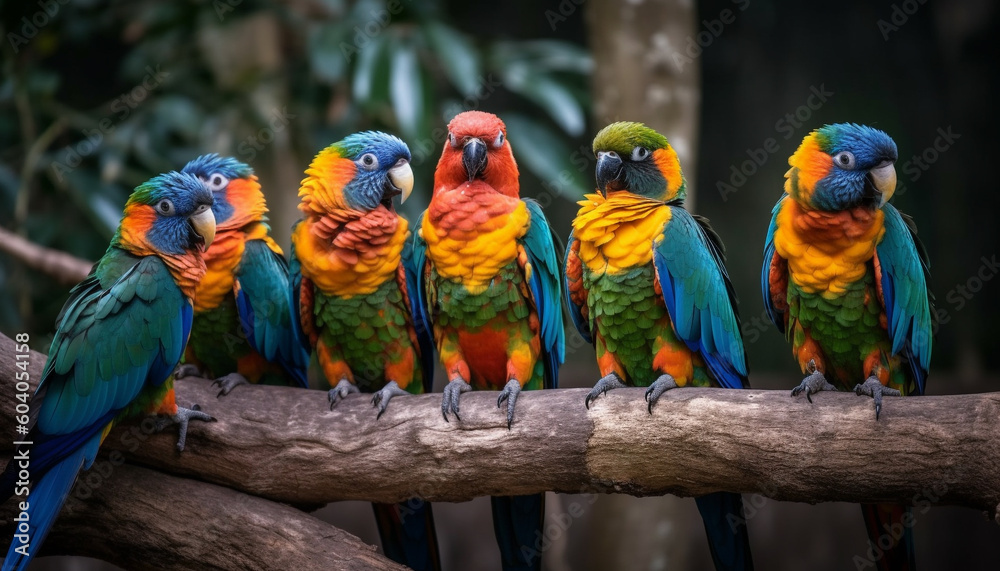Vibrant macaw perching on branch in nature generated by AI
