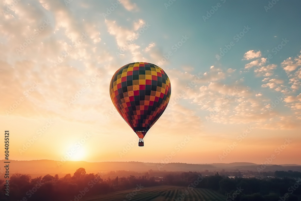 Fototapeta premium Traveling Horizons. Colorful Hot Air Balloon against a Sky Background. Generative AI illustrations.