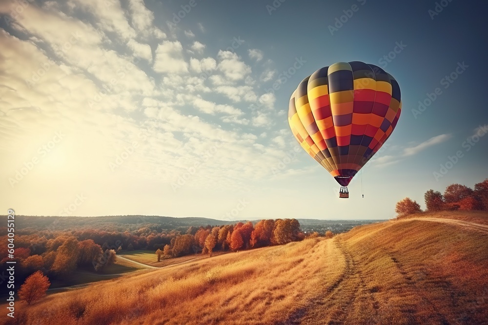 Fototapeta premium Traveling Horizons. Colorful Hot Air Balloon against a Sky Background. Generative AI illustrations.