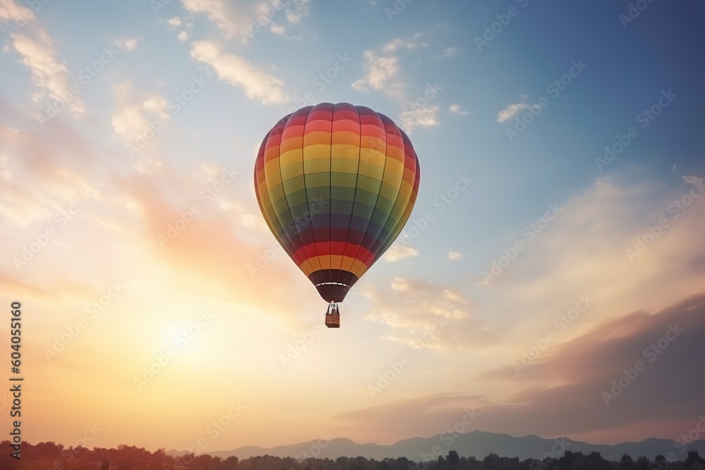 Fototapeta premium Traveling Horizons. Colorful Hot Air Balloon against a Sky Background. Generative AI illustrations.