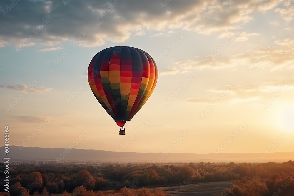 Obraz premium Traveling Horizons. Colorful Hot Air Balloon against a Sky Background. Generative AI illustrations.
