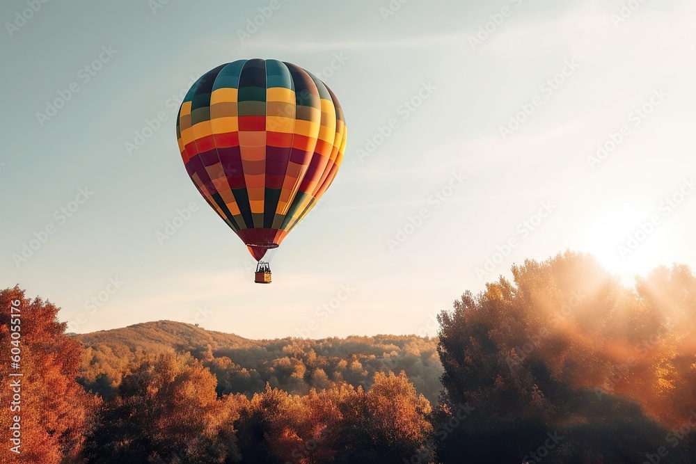 Fototapeta premium Traveling Horizons. Colorful Hot Air Balloon against a Sky Background. Generative AI illustrations.