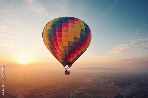 Traveling Horizons. Colorful Hot Air Balloon against a Sky Background. Generative AI illustrations. © Thares2020