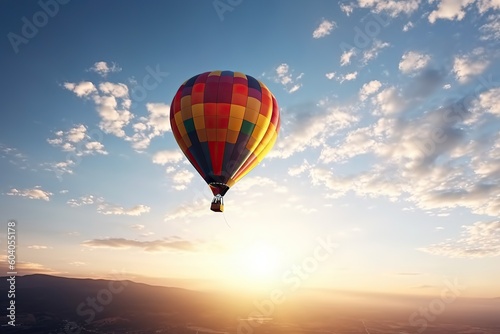 Traveling Horizons. Colorful Hot Air Balloon against a Sky Background. Generative AI illustrations.