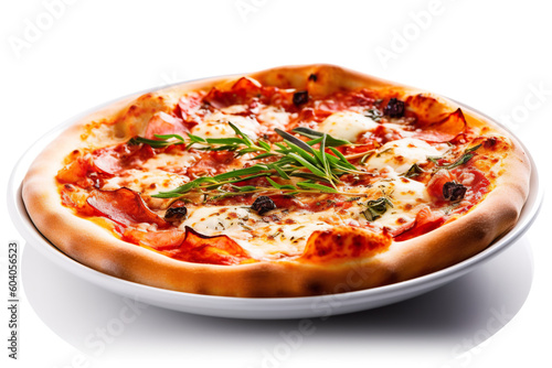 A pizza on a white plate with a sprig of rosemary. Generative AI.