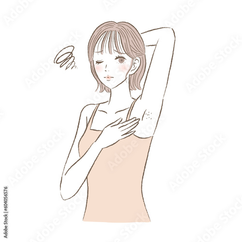 脇毛の剃り残しや黒いブツブツに悩む若い女性のイラスト